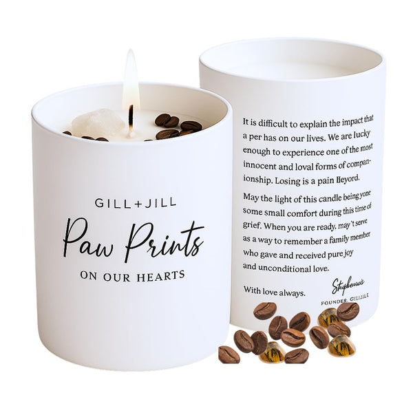 Premium Paw Prints Pet Memorial Candle for Pet Loss Sympathy Gift, Memorial Candle, Rainbow Bridge Dog Gifts Paraffin-Free 100% Natural Soy Wax Blend with Clear Quartz, Tiger Eye and Coffee Beans