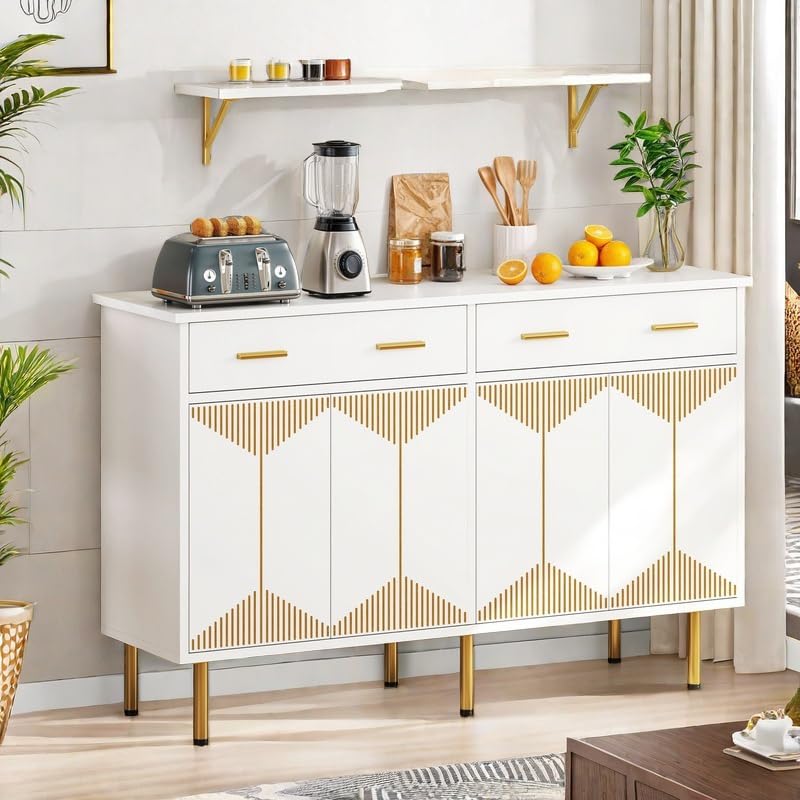 DWVO 55" Sideboard Buffet Cabinet with Storage, Modern Kitchen Storage Cabinet with Doors and Drawers for Hallway, Kitchen or Living Room, White/Gold