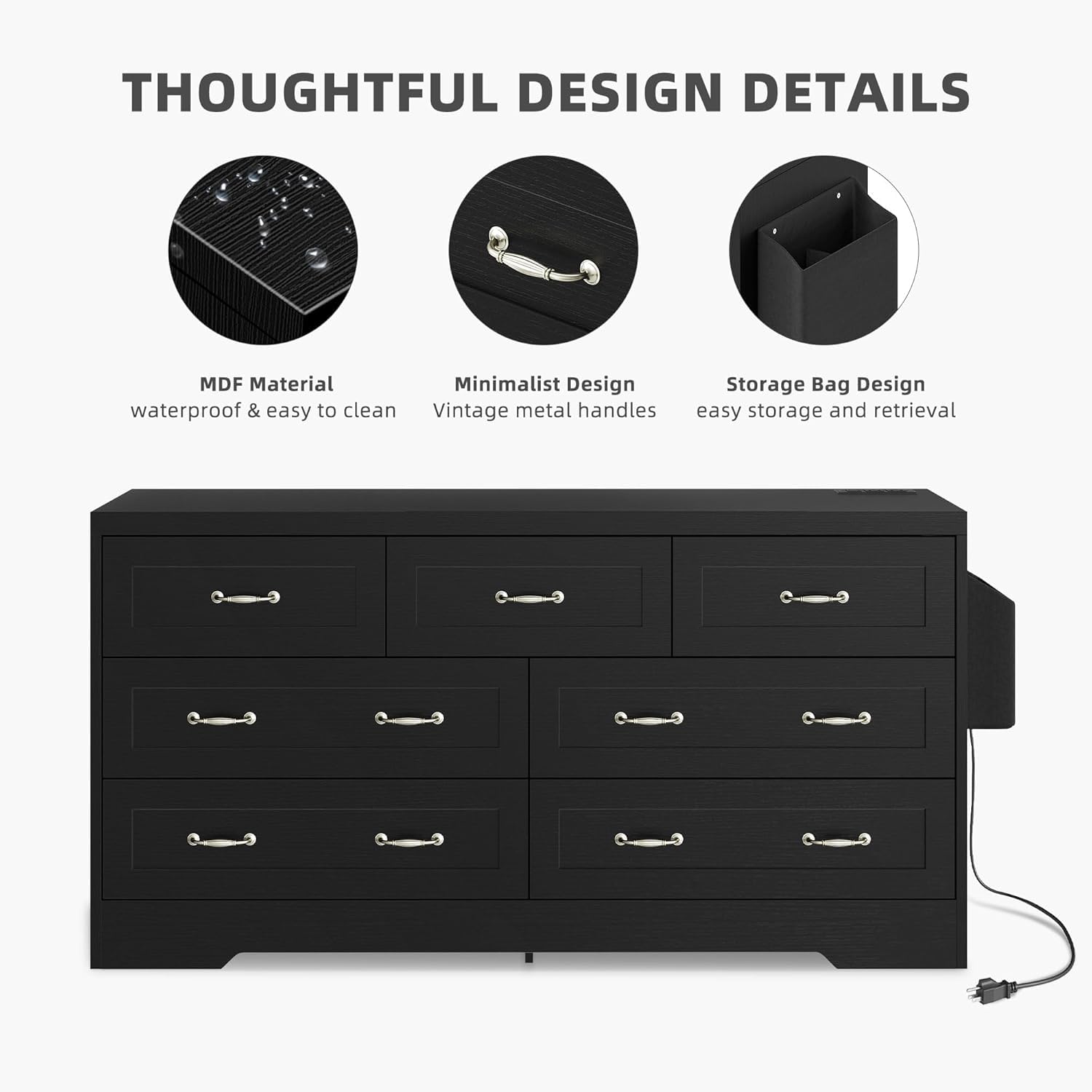 DWVO 7 Drawers Dresser, 59" W Large Chest of Drawers, Retro Wood Rattan Dresser with Large Rattan Drawers, Storage Organizer Unit with Dual Tip-Resistant Kits for Living Room, Black