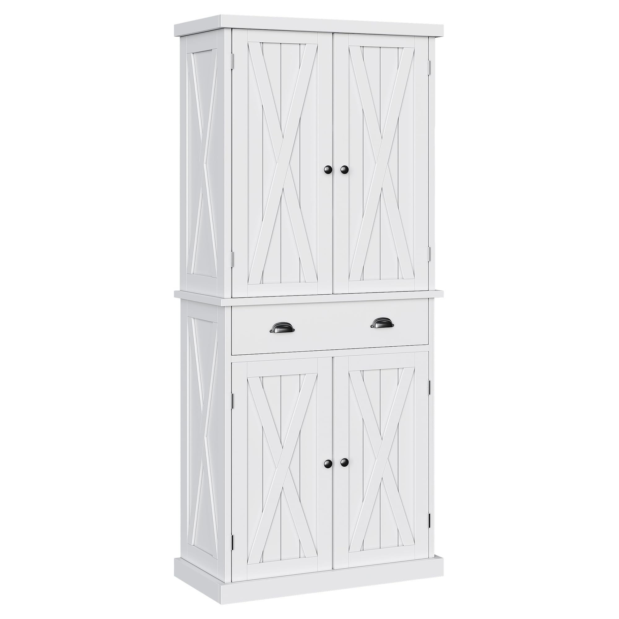 DWVO 72'' Farmhouse Kitchen Pantry, Rustic Wood Kitchen Storage Cabinets with Adjustable Shelves & Drawer, Tall Freestanding Cupboard for Dining Room, Living Room, White