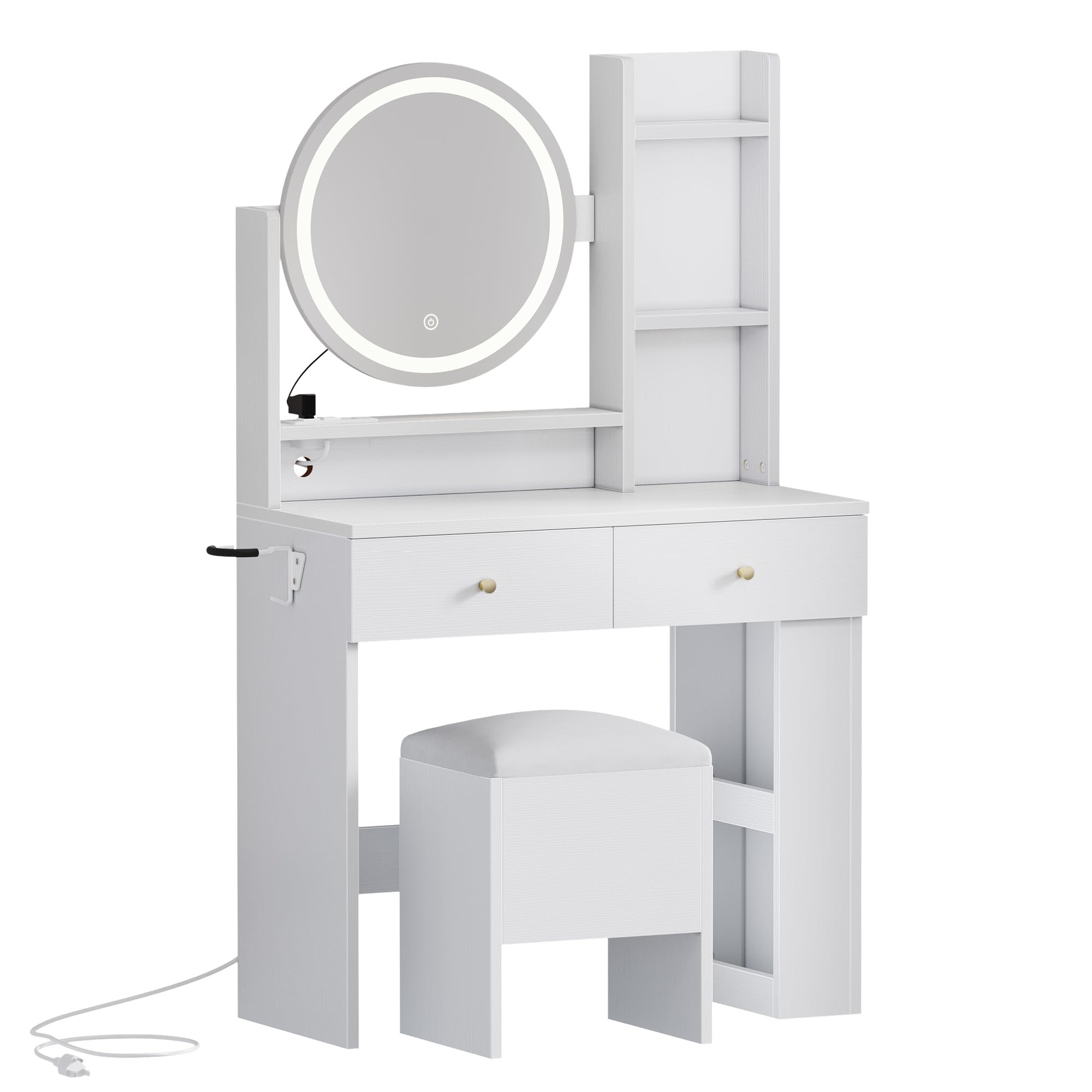 YITAHOME Makeup Vanity Desk with Mirror and Lights, Vanity Table Set with Power Outlets, Storage Drawer, Chair and 3 Shelves, Bedroom, White