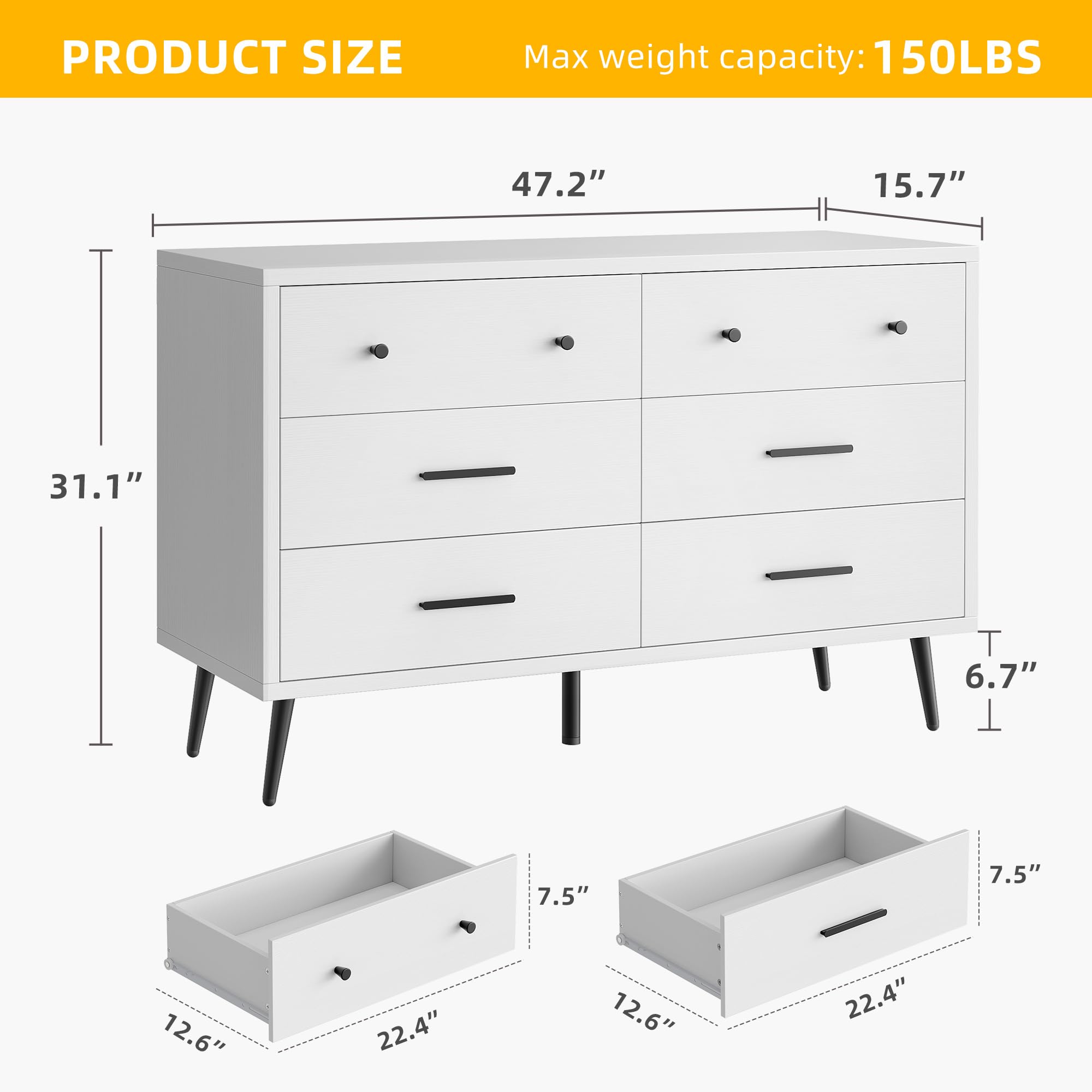 DWVO White 6 Drawers Dresser, Modern Wood Dresser Chest of Drawers with Black Metal Handle ＆ Anti-Tipping Device, Modern Storage Cabinet for Hallway, Entryway, Living Room