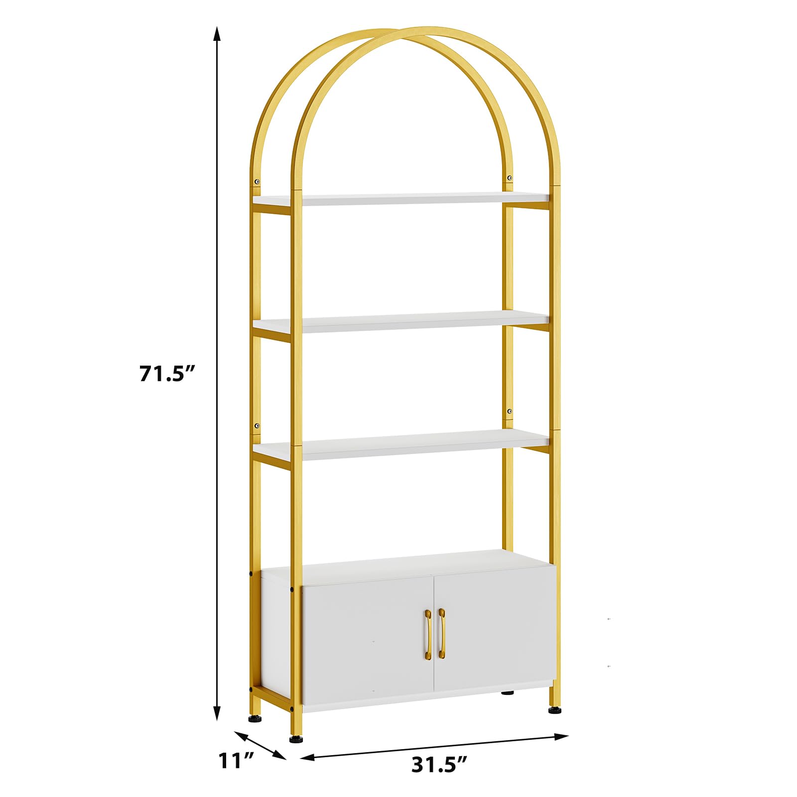 GarveeHome Gold Bookshelf, Arched Book Shelf with Studry Metal Frame and Quality Board, Modern Bookcase with 4-Tier Open Shelves for Living Room, Bookshelf with Doors Storage,71.5" Tall Book Shelf