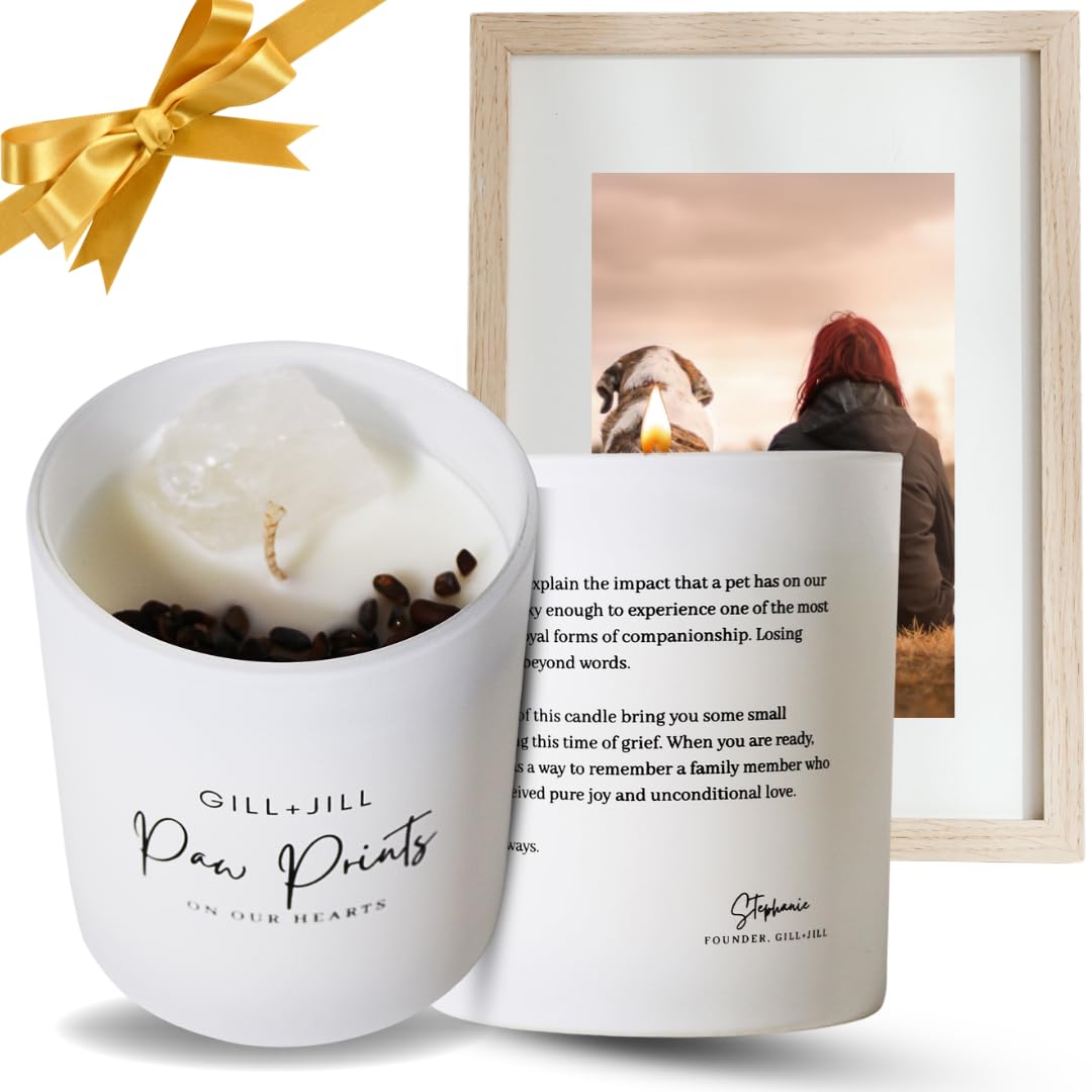 Premium Paw Prints Pet Memorial Candle for Pet Loss Sympathy Gift, Memorial Candle, Rainbow Bridge Dog Gifts Paraffin-Free 100% Natural Soy Wax Blend with Clear Quartz, Tiger Eye and Coffee Beans