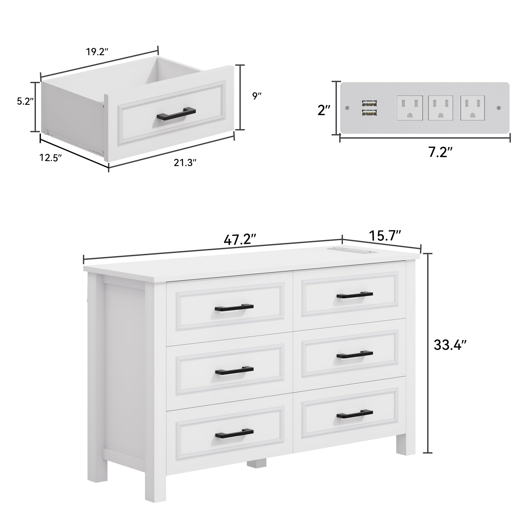 DWVO Farmhouse Wooden Dresser TV Stand with Power Outlet, 6-Drawer Dresser with Large Storage Drawers and Bar Handles, Ideal for Living Room, Hallway, 47.2" x 15.7" x 33.4" - White