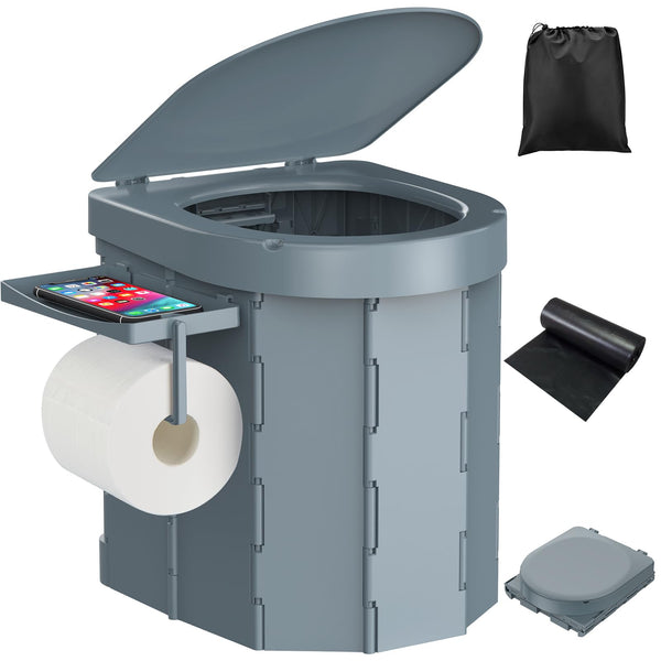 PAHTTO Portable Camping Toilet, Foldable Toilet for Adults with Detachable Phone Shelf and Toilet Paper Holder, Waterproof Porta Potty with Lid for Camping, Hiking, RV Travel, Road Trips, Car, Gray