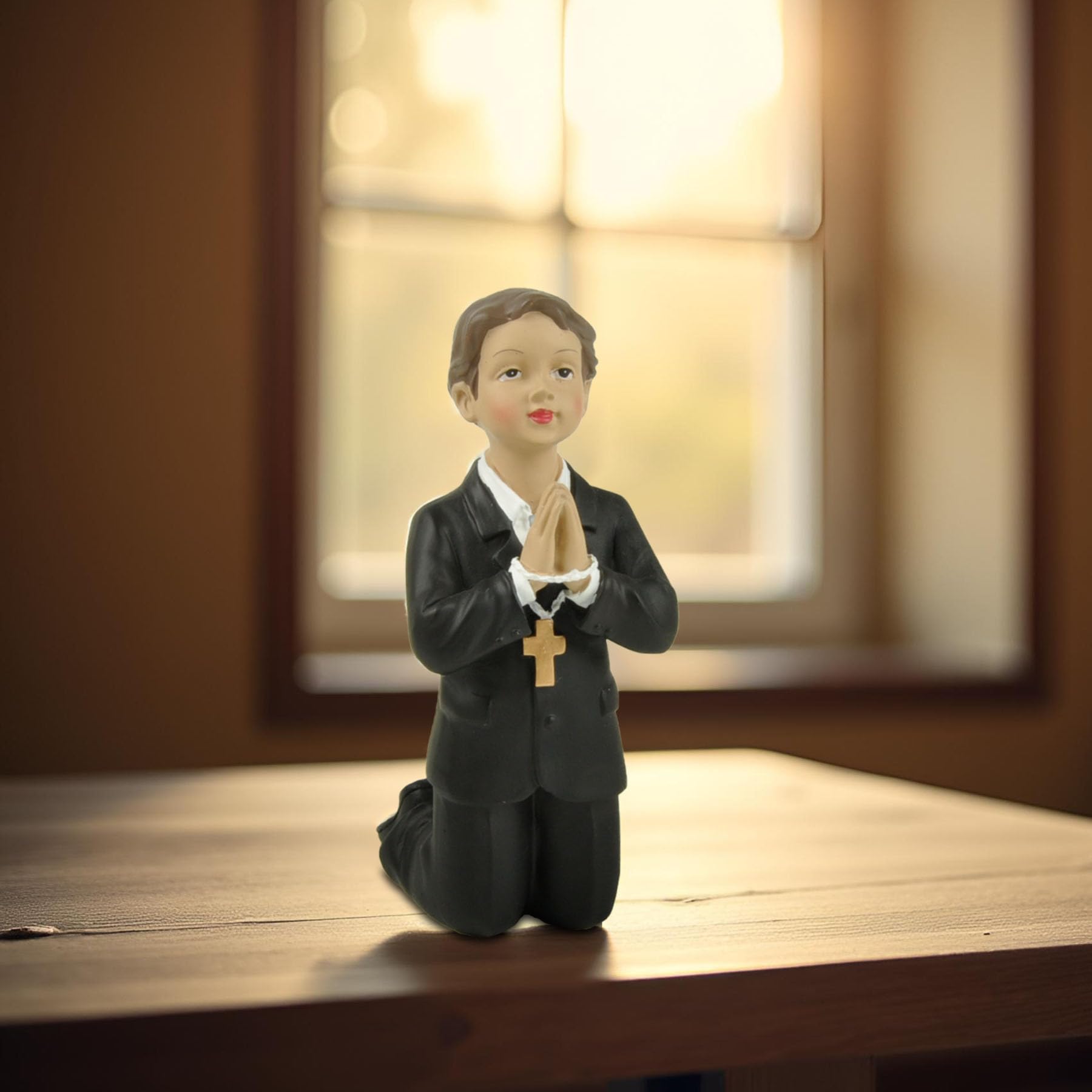 PlentifulHome First Holy Communion Boy Statue – 4.92” Resin Catholic Figurine, Baptism Gift for Boys, Religious Cake Topper, Table Centerpiece Keepsake