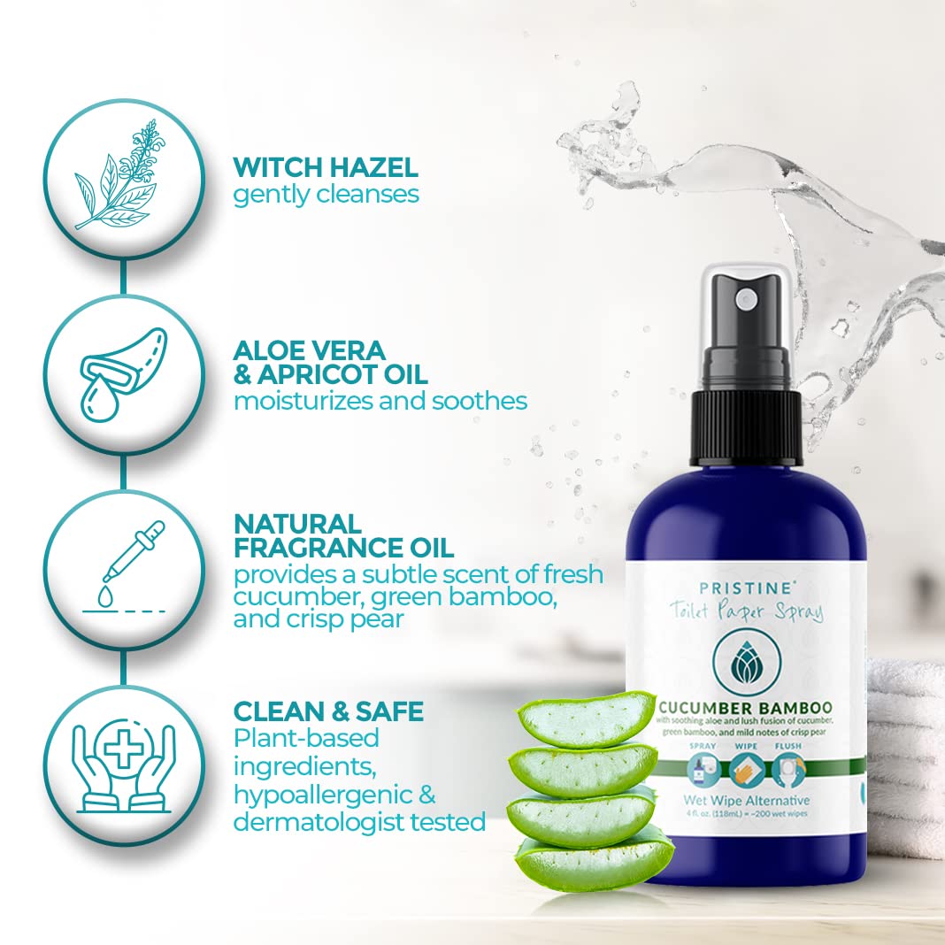 Pristine Toilet Paper Spray: As Seen on Shark Tank, the More Natural Alternative to Flushable Wet Wipes & Personal Cleansing Wipes, Spray Dry Toilet Paper to Create a Flushable Wipe - Cucumber Bamboo