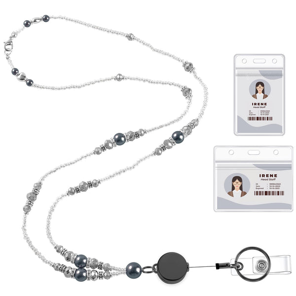 Teacher Lanyards for Id Badges and Keys, Beaded Badge Lanyard with Retractable Reel Pearl Necklace Cute Lanyards for Women (Black)