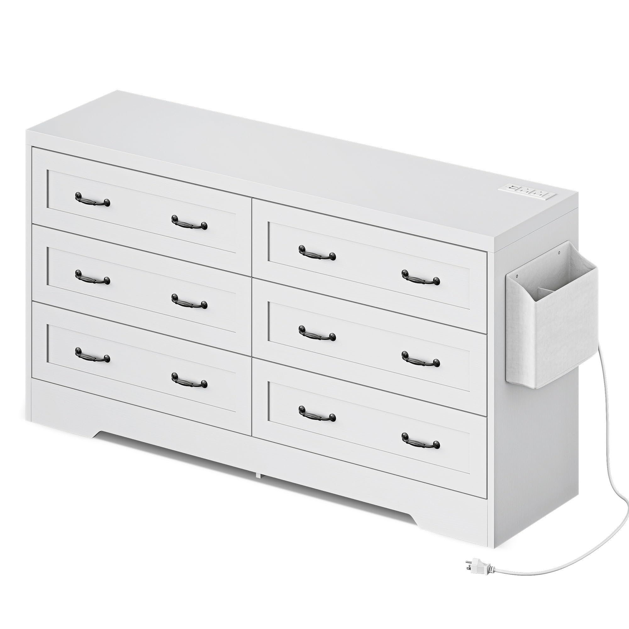 DWVO Farmhouse 6 Drawer Dresser for Bedroom, 59" Wide Large Modern Dresser TV Stand with Drawers & Bar Handles, Storage Dressers with Power Outlets, Rustic Wood Chest of Drawers, White