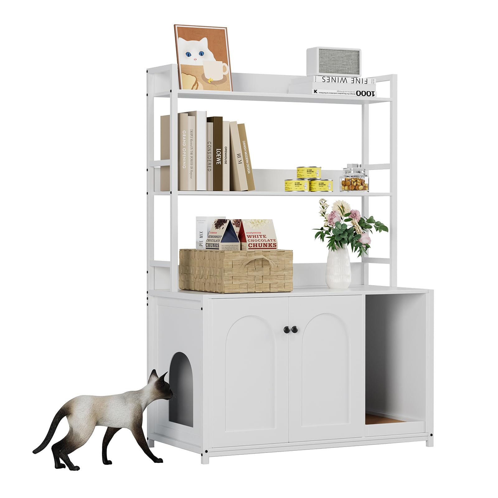 Large Litter Box Enclosure with Shelves, 52'' Hidden Cat Kitty Litter Furniture Corner Cats Bookshelf for Living Room, Bedroom, Cat Box Enclosure Cabinet with Scratch Pad White