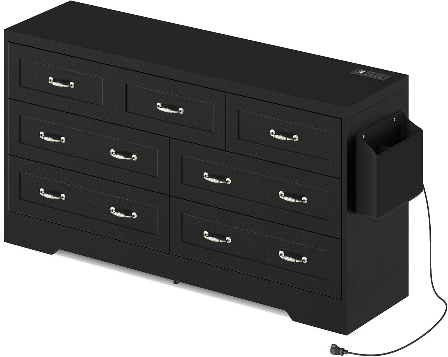 DWVO 7 Drawers Dresser, 59" W Large Chest of Drawers, Retro Wood Rattan Dresser with Large Rattan Drawers, Storage Organizer Unit with Dual Tip-Resistant Kits for Living Room, Black
