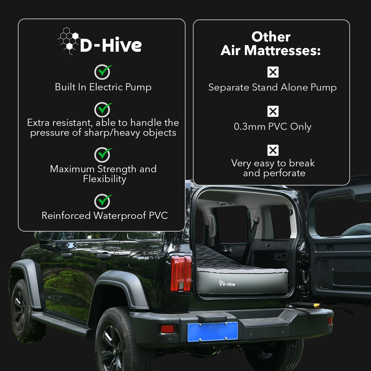 D-Hive SUV Air Mattress, Ultra-Thick Material Extra-High Car Air Mattress, SUV Mattress for Toyota 4runner, Car Mattress w/Built-in Pump Inflatable Car Air Mattress Grey