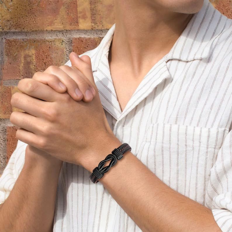 Gift for Men Infinity Bracelet for Men Dad Husband Boyfriend Son Grandson Brother Nephew Uncle Brown Braided Leather Forever Linked Together Stainless Steel Engraved with Love You Forever Jewelry