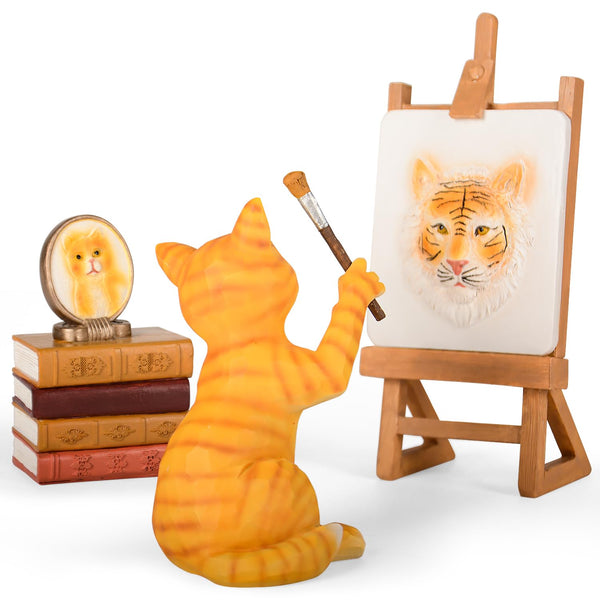 VOFSTAND Whimsical Cat Painting Self-Portrait Figurine Set - Whimsical Tiger Art Decor for Cat Lovers, Inspirational Desk Ornament with Easel & Books (Heavy Duty, Gift Ready Packaging)