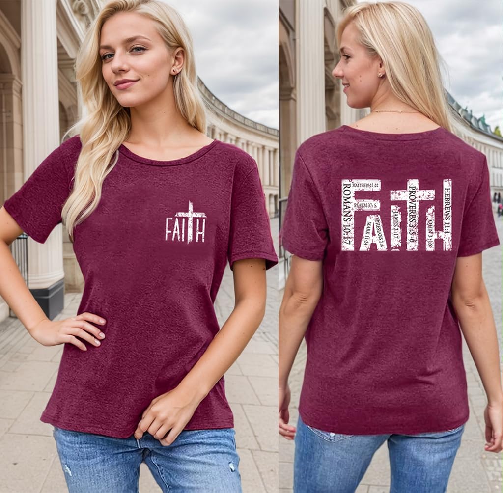 Faith Shirts for Women Christian Shirt Jesus Cross Graphic Tees Bible Verse Religious Sayings Casual Tops Purple