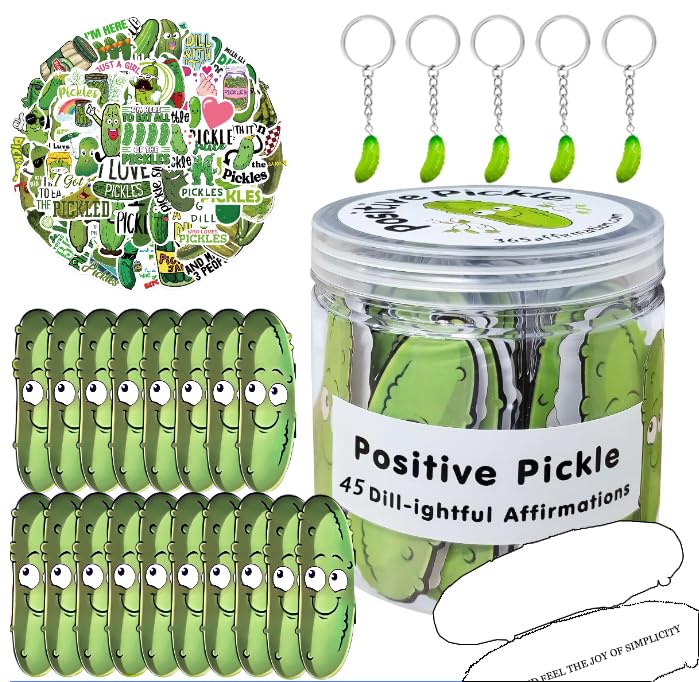 45 Emotional Support Pickle Cards with 50 Positive Stickers and 5 Keychain, Pickles Affirmation Cards in A Jar, Mental Health Gifts to Cheer Up Friends Women Men Mom, Daughter Son Teen Girl