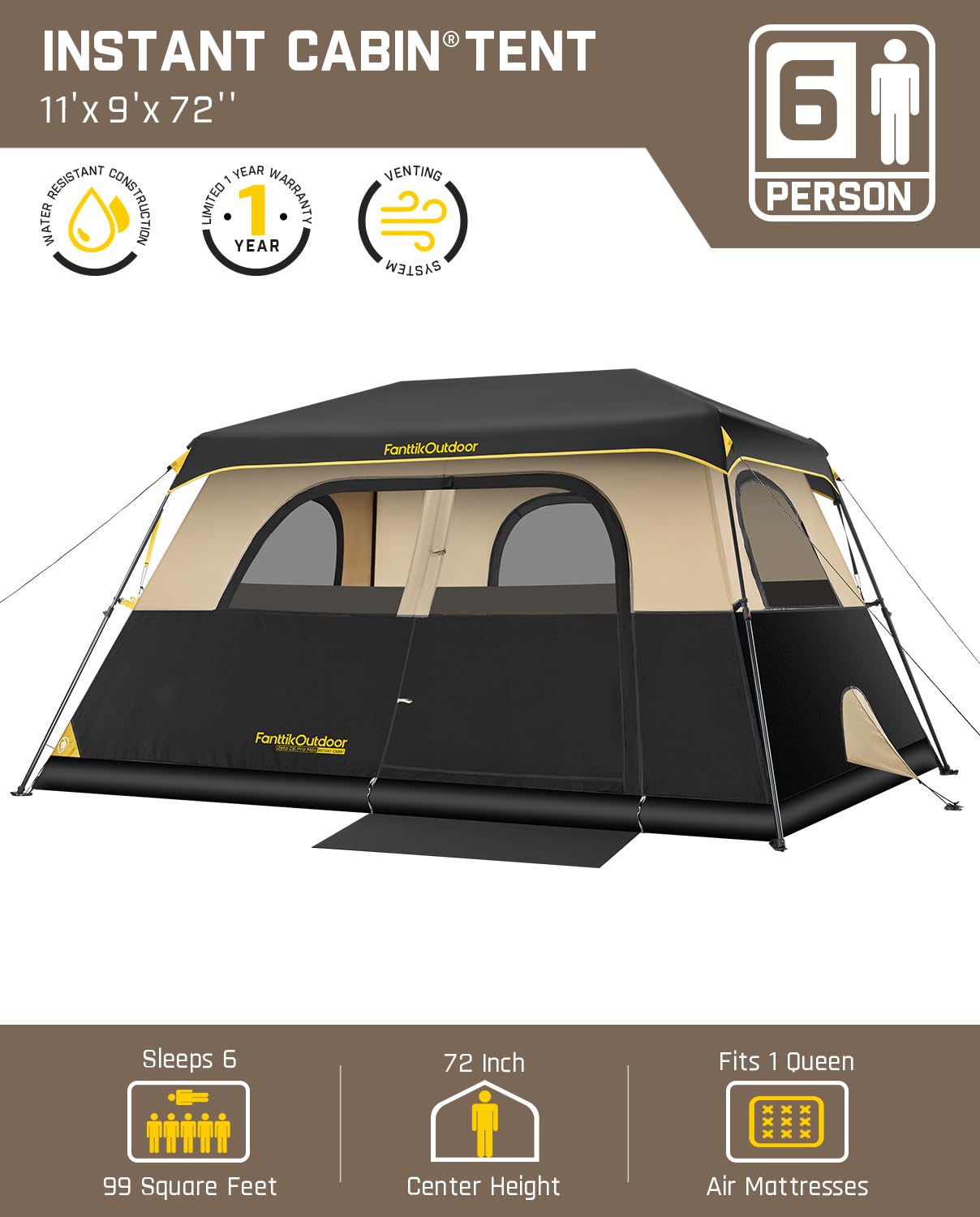 FanttikOutdoor Zeta C6 Pro Max Instant Cabin Tent 6 Person Camping Tent Setup in 60 Seconds with Rainfly & Windproof Portable with Carry Bag for Family Camping & Hiking, Upgraded Ventilation, Khaki