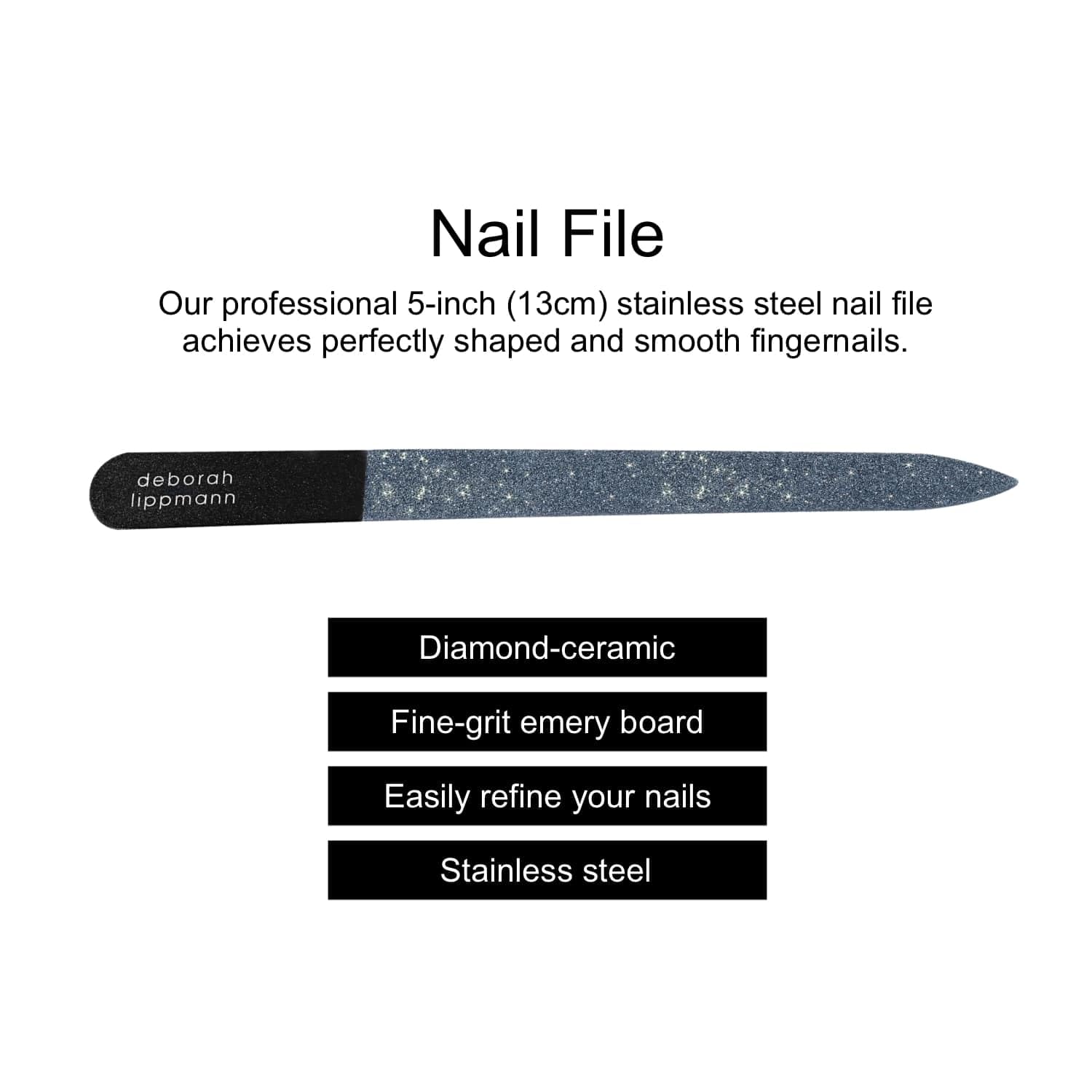 Deborah Lippmann Nail File | Emery Board for Manicure, Pedicure, Buffering | Fine Diamond Ceramic, Stainless Steel Reusable Fingernail Tool | 5-Inch