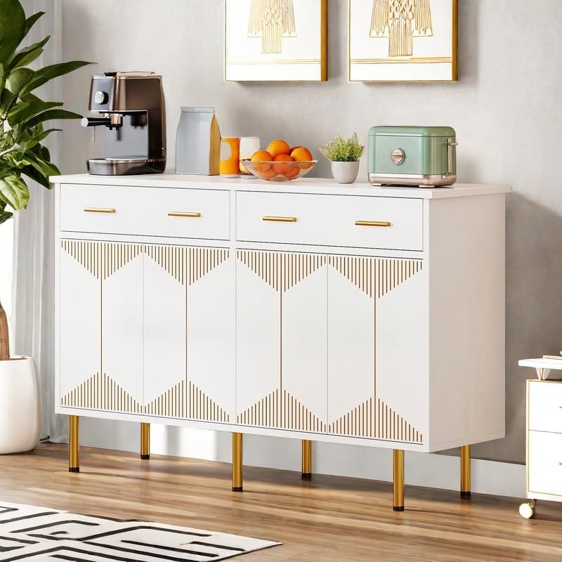DWVO 55" Sideboard Buffet Cabinet with Storage, Modern Kitchen Storage Cabinet with Doors and Drawers for Hallway, Kitchen or Living Room, White/Gold