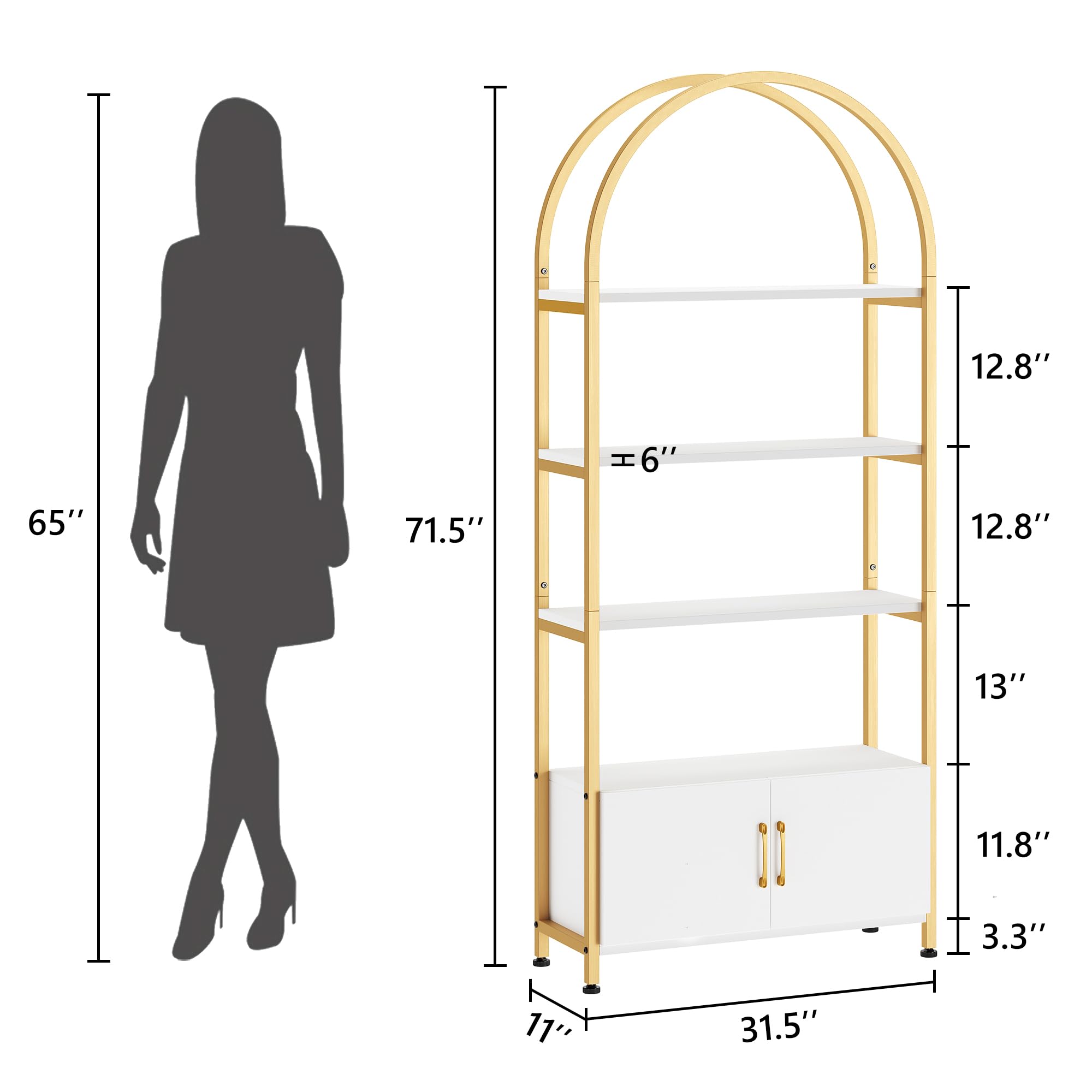 GarveeHome Arched Bookshelf, Bookcase with Doors Storage, 71.5 Inches Tall Industrial Book Shelf with Sturdy Metal Frame and Quality Boards, Freestanding Display Shelving (Gold)