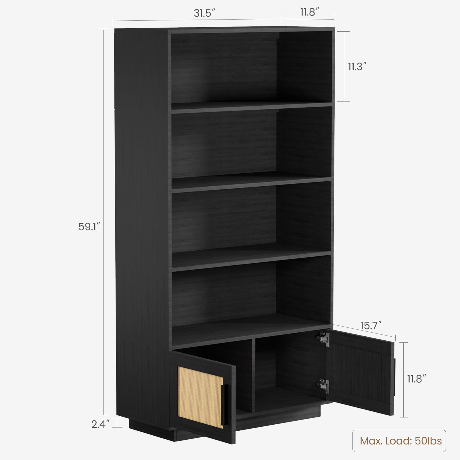 GarveeHome 5 Tier Bookshelf, Boho Bookcase with Rattan Doors, Wooden Bookcase and Bookshelf with Storage, Tall Book Stand, Large Bookshelf for Living Room, Bedroom, Home Office, Kitchen