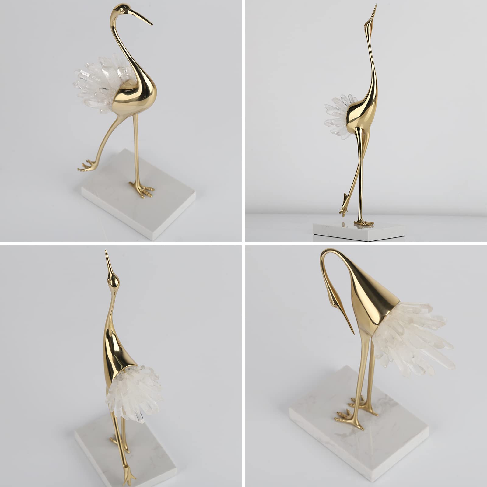 suruim Elegant Gold Crane Bird Statues with Crystal Tail Accents, Decorative Brass Figurines for Home Decor (White A)