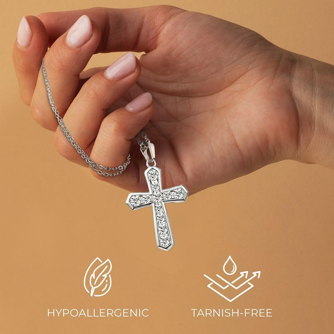 SHOP LC DELIVERING JOY Silver Cross Pendant for Women - Catholic Faith Religious Silver Pendant for Men - CZ Unique Sparkling Christian Jewelry Birthday Gifts