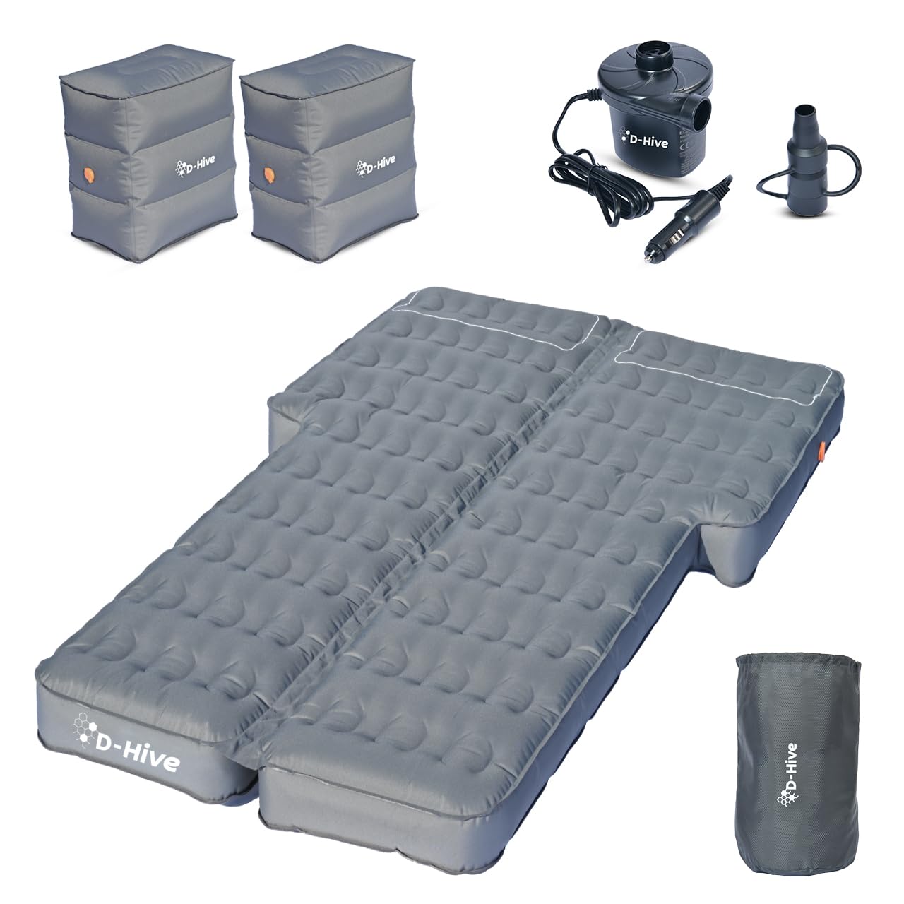 D-Hive Car Mattress - New X Style! Unbeatable Durability SUV Air Mattress for Car Camping, Durable Extra Thick Oxford Fabric, Quick Easy Set-Up w/Electric Pump, Car Bed Mattress, Grey