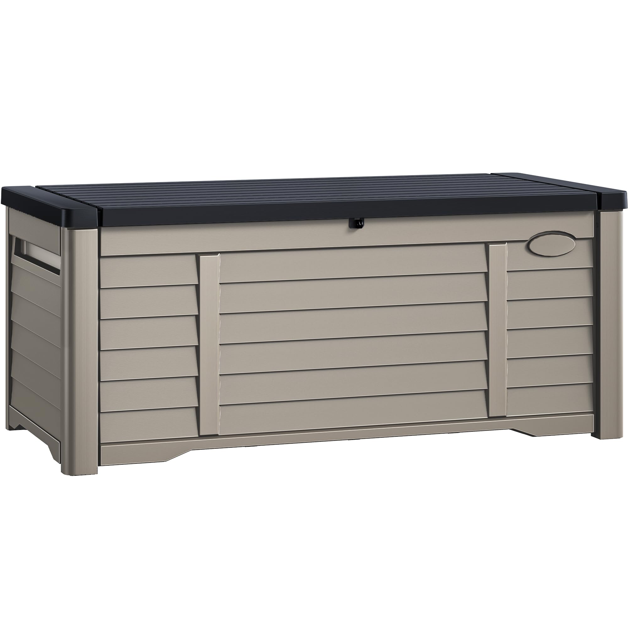 DWVO Outdoor Louver Storage Deck Box w/120 Gallon Capacity, Large Storage Box for Outdoor Pillows, Garden Tools and Pool Supplies, Resin, Waterproof, Lockable (Black & Brown)