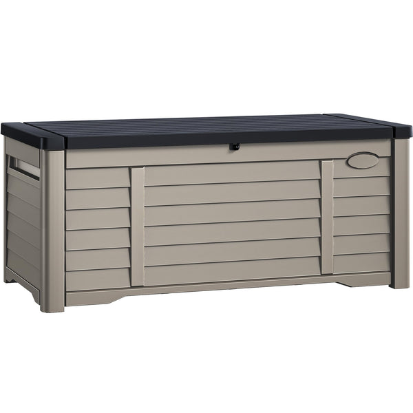 DWVO Outdoor Louver Storage Deck Box w/120 Gallon Capacity, Large Storage Box for Outdoor Pillows, Garden Tools and Pool Supplies, Resin, Waterproof, Lockable (Black & Brown)