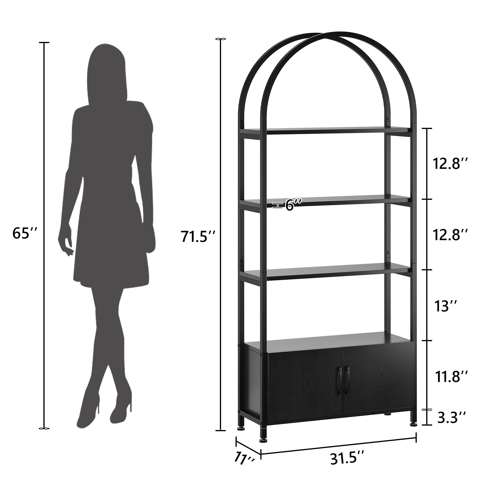 4 Tier Bookshelf, Arched Bookcase with Doors Storage, 71.5 Inches Tall Industrial Book Shelf with Sturdy Metal Frame and Quality Boards, Freestanding Display Shelving Bookshelf for Study,Black