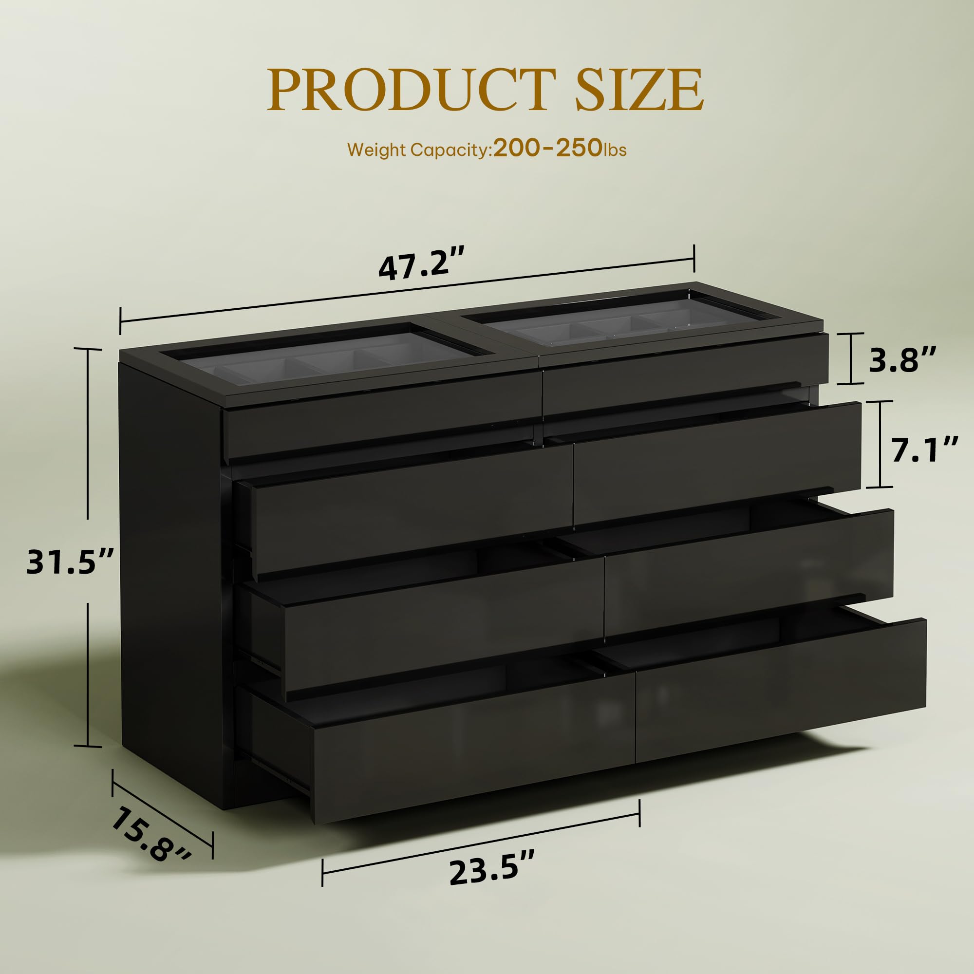 DWVO 8 Drawer Dresser, Black Dresser, Modern 8 Chest of Drawers with Deep Drawers Glass Top High Gloss Surface, Storage Organizer Cabinet for Living Room