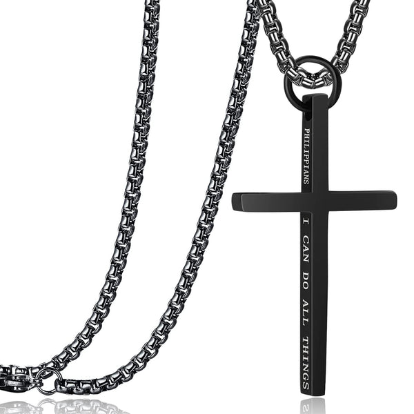 Rehoboth Cross Pendant Necklaces for Men Women Philippians 4:13 Bible Verse I Can Do All Things Stainless Steel Chain 16/20/24/28 Inchs (16 inchs,Black)