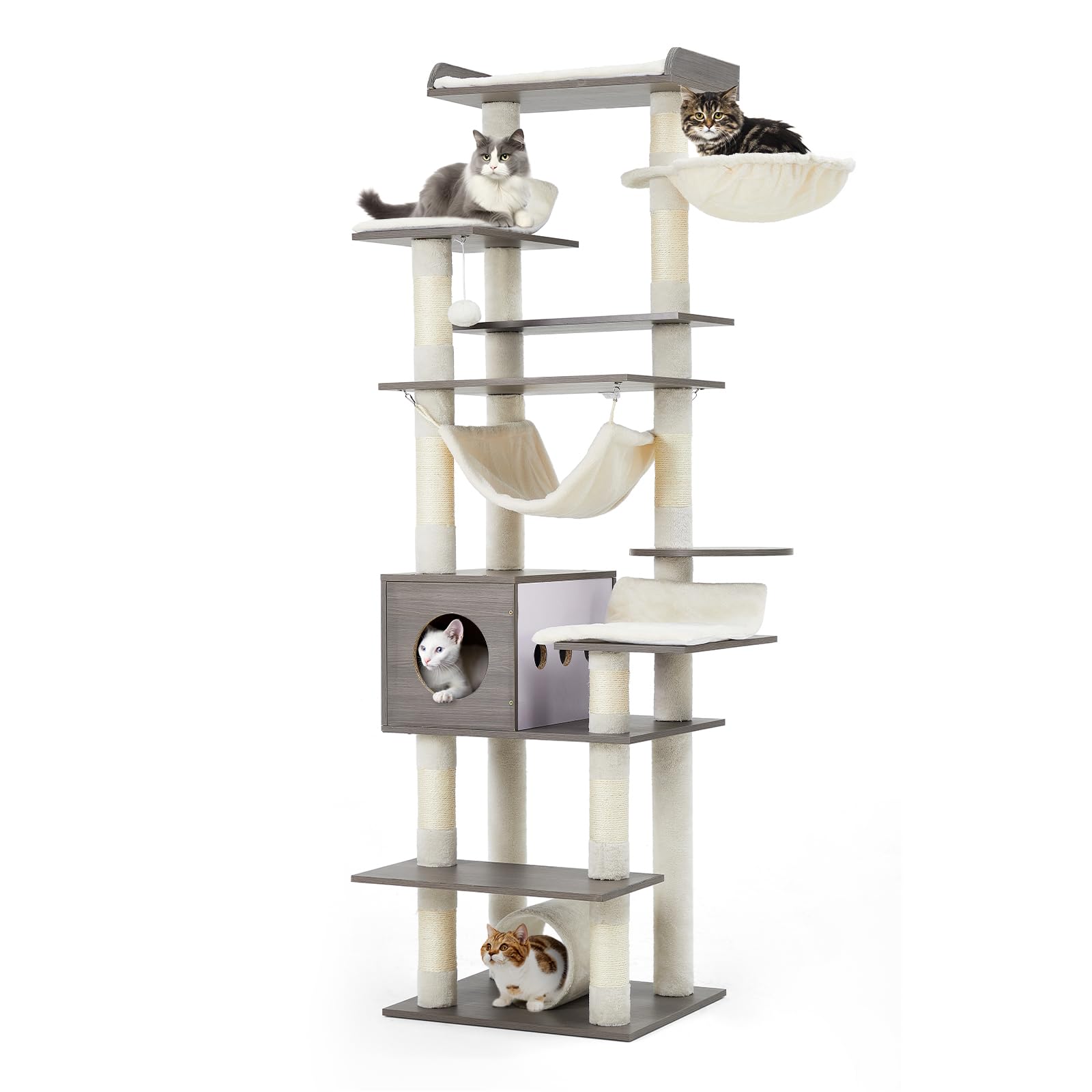 GOCAPTAIN 67" Large Cat Tree for Big Cats,Multi-Level Tower with Scratching Posts, Condo, Perches, Hammock, Tunnel & Feeding Station,Retro Dark Gray