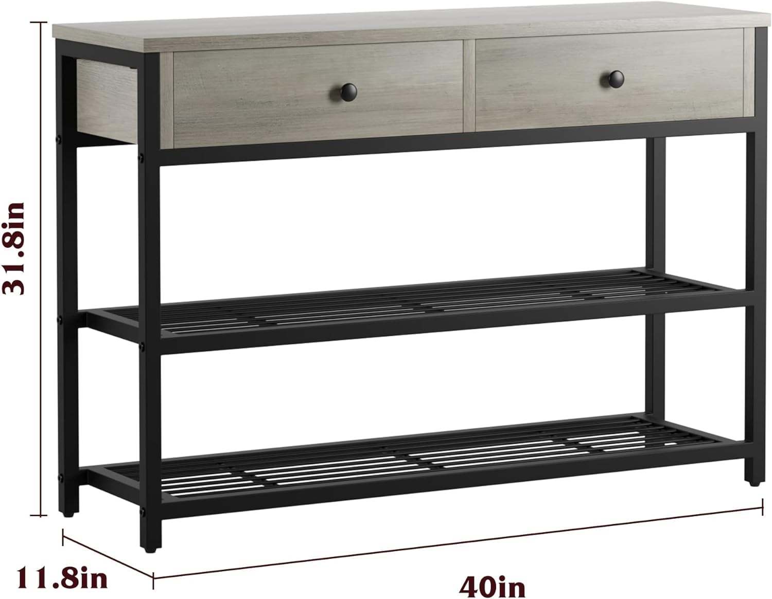 GarveeHome Console Table with 2 Drawers, Sofa Table with 2 Tiers Metal Mesh Open Storage Shelf, Narrow Long Entryway Table for Living Room, Hallway and Foyer, Grey