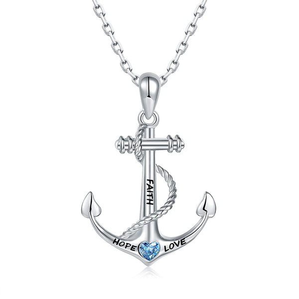 WENDAO Sterling Silver Sailor Anchor Necklace for Women - White Gold Plated Engraved Ship Nautical Jewelry Chain Faith Hope Love Inspirational Navy Blue Heart CZ Pendant Gifts