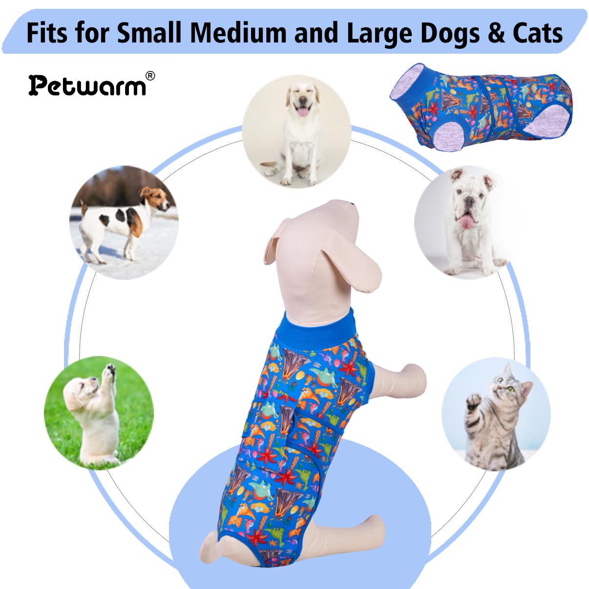 PetWarm Dog Spay Recovery Suit, Surgery Suit for Dogs, Onesie for Dogs, Anti-Licking Dog Surgical Recovery Pajamas, Bodysuit for Abdominal Affected Areas Sensitive Skin Areas, Zoo Pattern, Blue, XS
