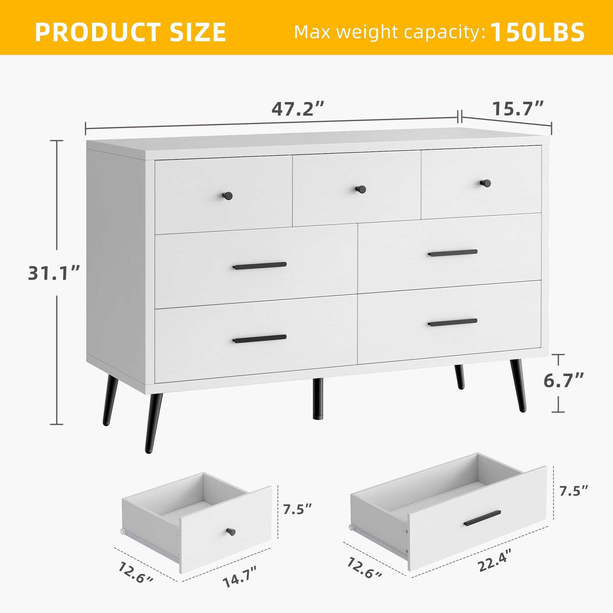 DWVO 7-Drawer Dresser in White Wood with Black Metal Handles, Anti-Tip Safety Feature, Modern Storage Cabinet for Living Room, Hallway, or Entryway