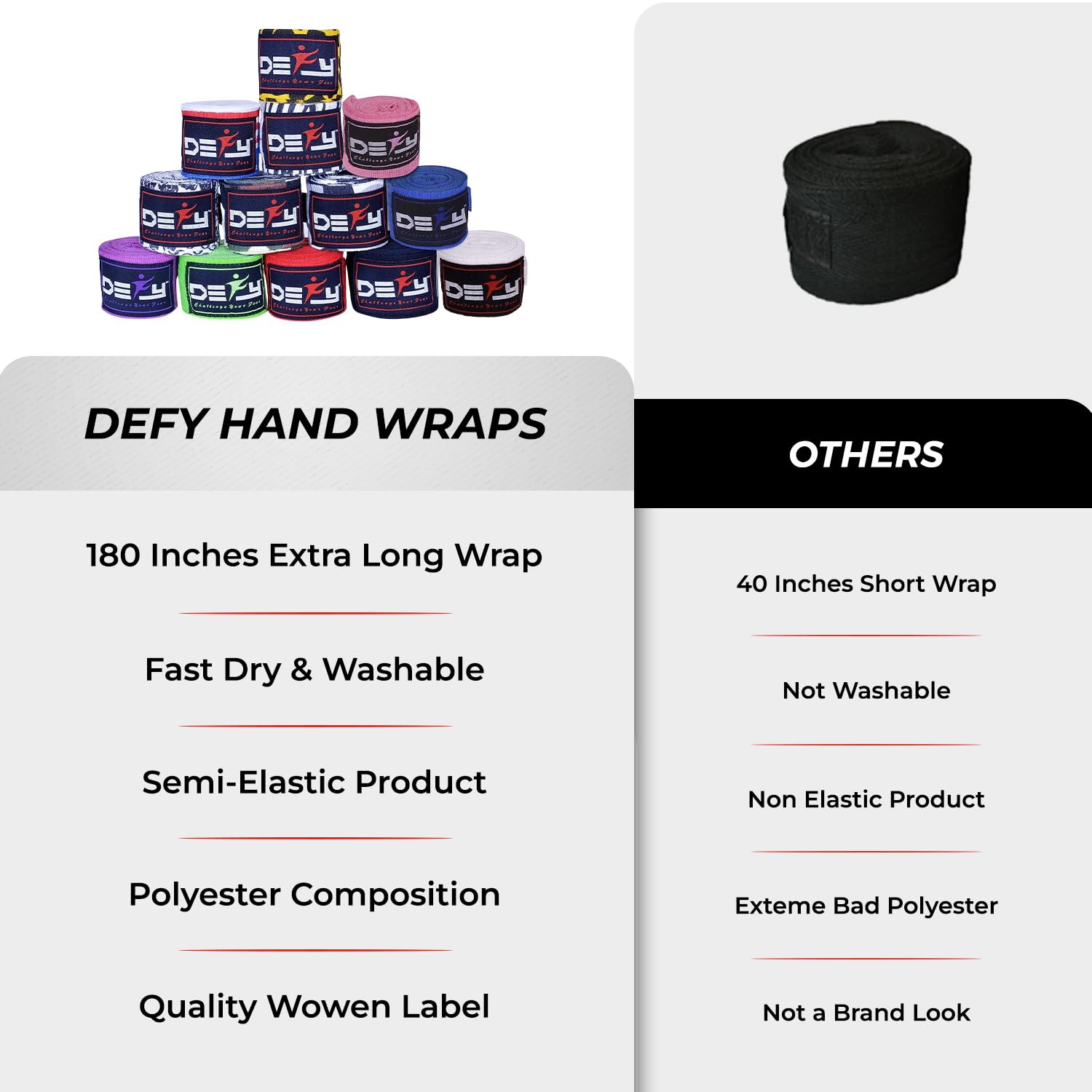 DEFY Professional 180 Inch Hand Wraps for Boxing Muay Thai MMA Elastic Bandages for Men & Women -Pair (Blue)