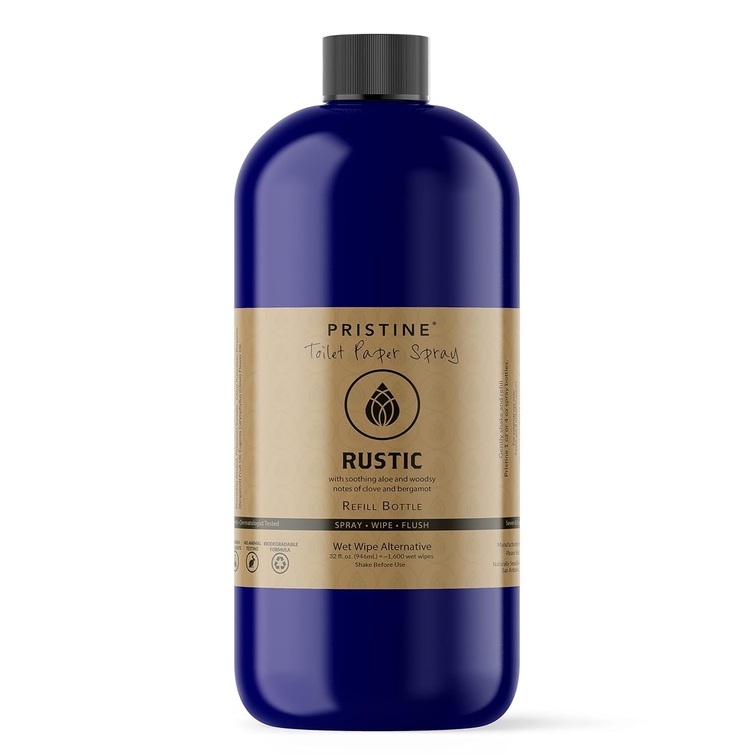 Pristine Toilet Paper Spray: As Seen on Shark Tank, the More Natural Alternative to Flushable Wet Wipes & Personal Cleansing Wipes, Spray Dry Toilet Paper to Create a Flushable Wipe - Rustic Bergamot