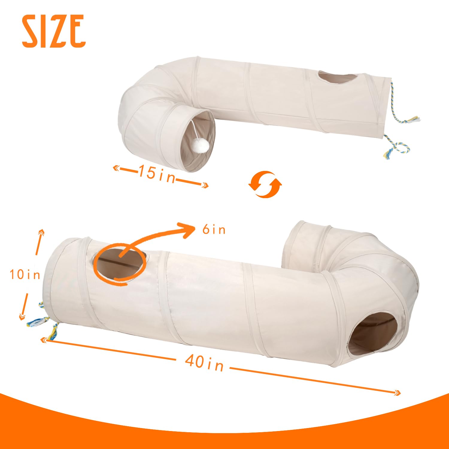 Cat Tunnel, 2-Way Collapsible Cat Tube with Interactive Peek-A-Boo Hole, Toy Ball, and Rope – Ideal for Indoor Cats, Kittens, and Rabbits, Beige