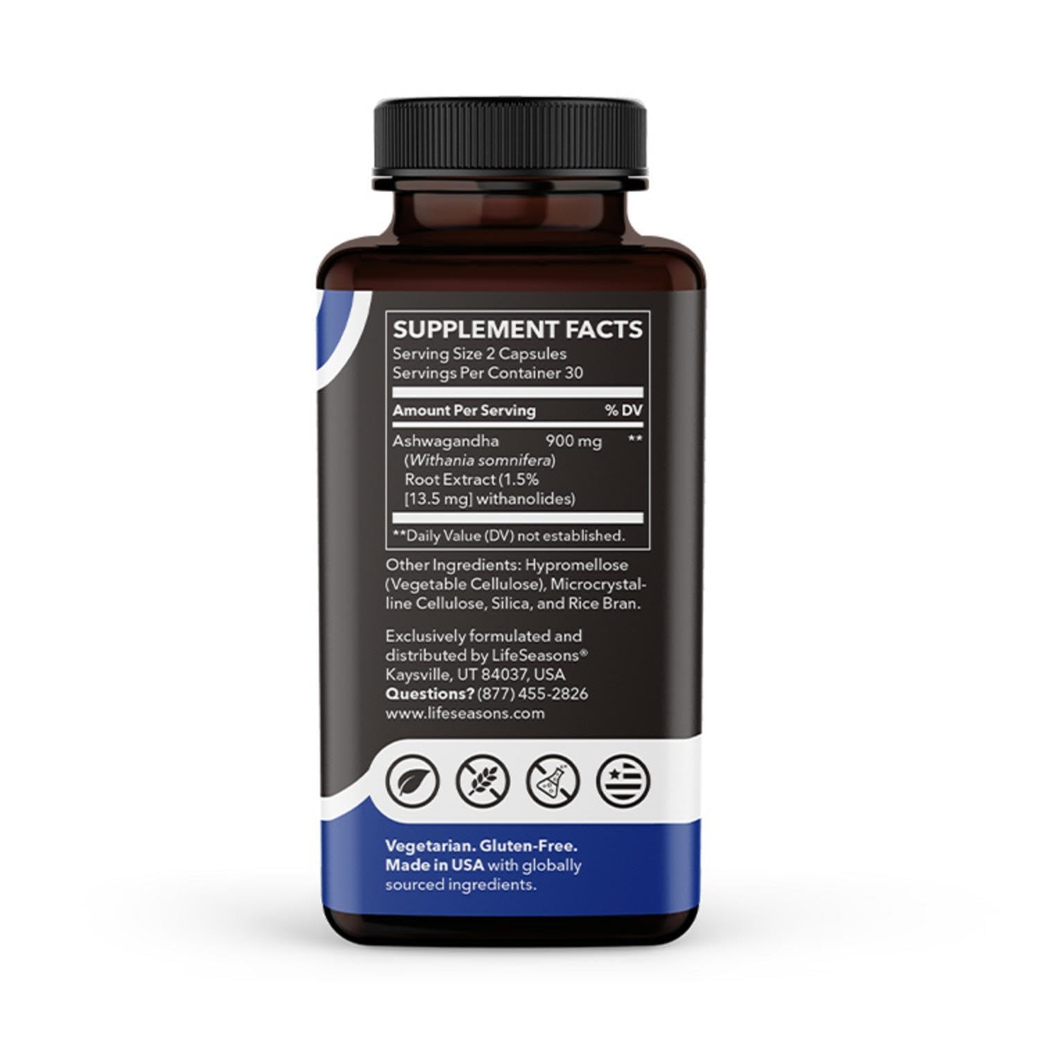 LifeSeasons Essentials Ashwagandha - Stress & Sleep Support Supplement - Calm & Focused Mind - Improves Athletic Performance & Brain Function - 900mg per 2 Capsules - 60 Capsules