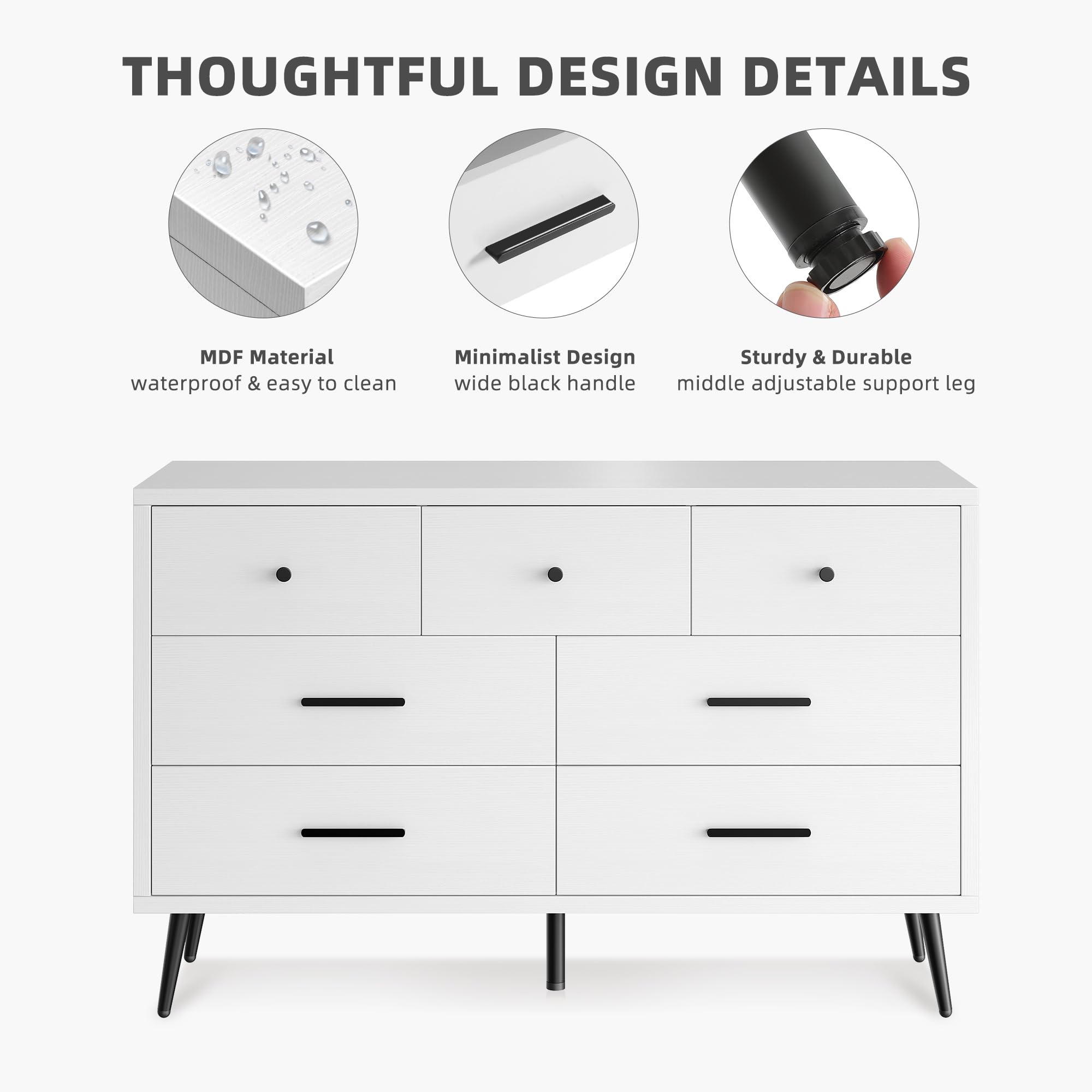 DWVO 7-Drawer Dresser in White Wood with Black Metal Handles, Anti-Tip Safety Feature, Modern Storage Cabinet for Living Room, Hallway, or Entryway