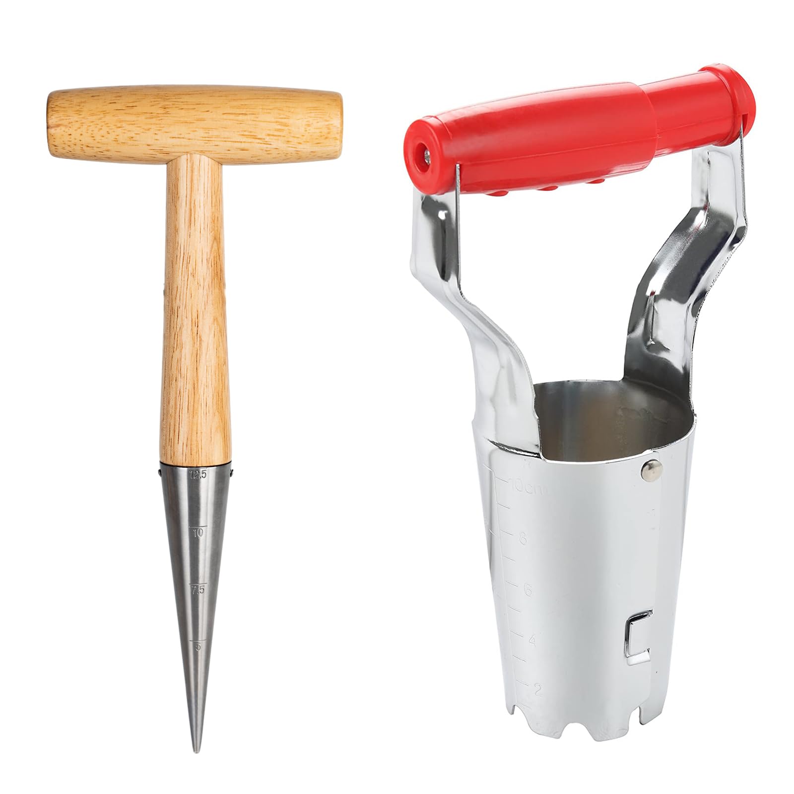 FLORA GUARD Bulb Planter & Wood Handle Seed Planter Dibber with Depth Mark for Sowing Seed,Transplanting Plants,Planting Bulb,Digging