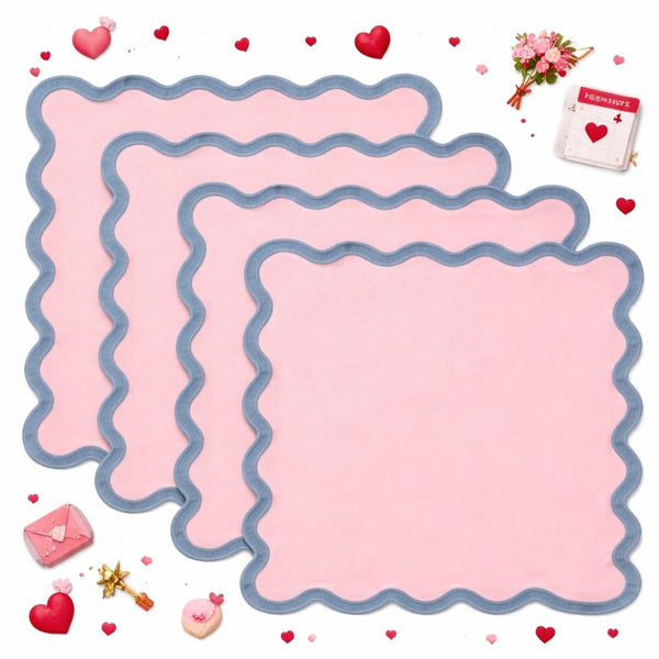 Folkulture Cloth Napkins Set of 4 (18 x 18) | Valentines Napkins for Dinner| Valentine Day Decorations, Machine Washable,Scalloped Pink Napkins for Table Decor | Reusable Cocktail Cotton Napkin