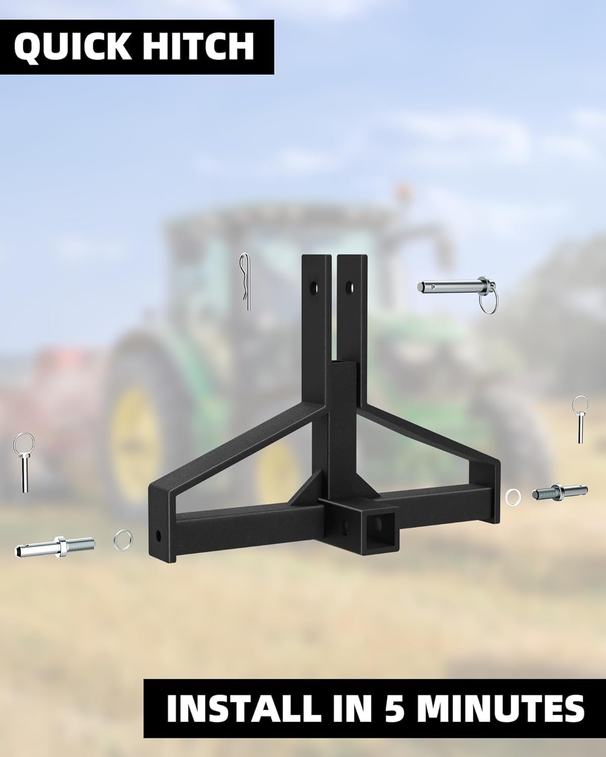 KYBOLT 3 Point Trailer Hitch with 2" Receiver for Category 1 Tractor Drawbar Hitch Adapter for Kubota, John Deere, BX, LM25H, WLM Tractor, NorTrac, Yanmar, Kioti, Cat (Dark Black)