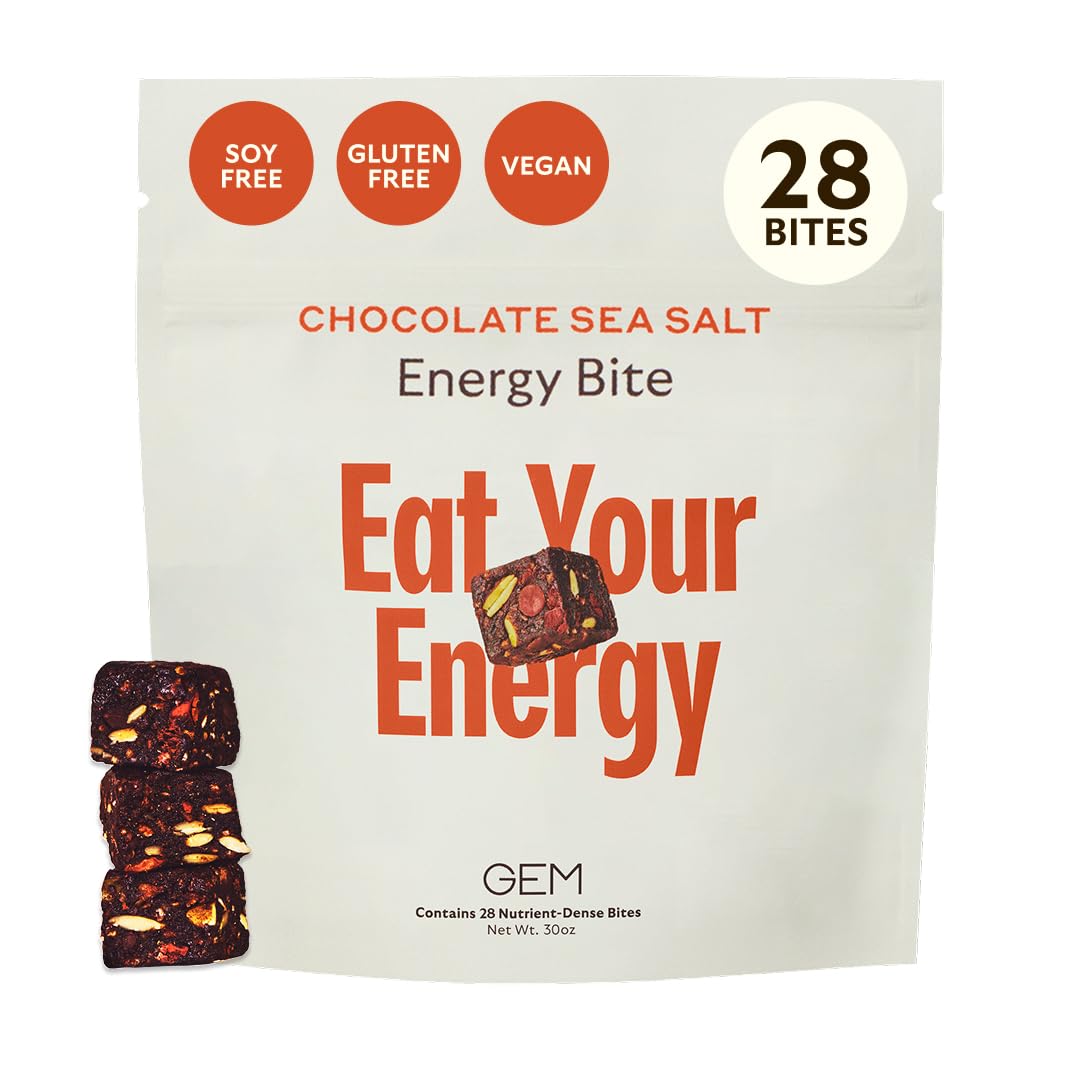 GEM Energy Caffeinated Bite, 40mg Caffeine, Ginseng Root, L-Theanine, Holistic Sustained Energy, Supports Metabolism, Stamina & Endurance | Chocolate Cacao Sea Salt | 28 Servings