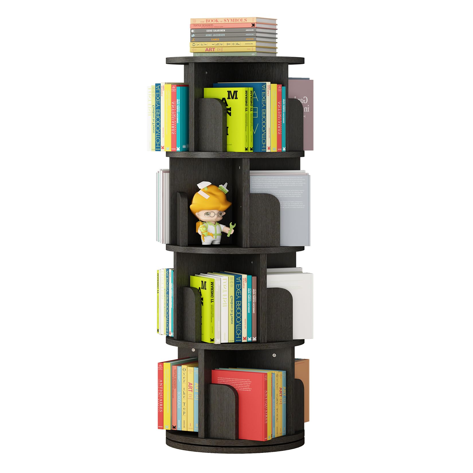 GarveeHome Rotating Bookshelf, 360 Display 4 Tier Bookcase Storage Rack for Kids & Adults, Corner Spinning Book Shelf for Small Space, Wood Revolving Bookcase Organizer for Bedroom, Living Room, Black