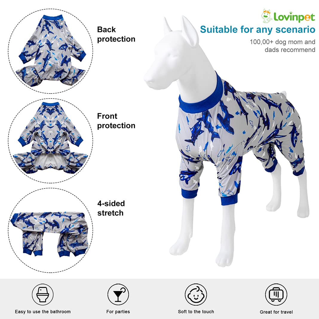 LovinPet Lovinpet Big Dog Pajamas, Pajamas for Large Dogs, Lightweight Fabric, Fintastic Blue Print, UV Protection, Pitbull Clothes, Easy Wearing Adorable Dog Clothes, Pitbull Onesie, Blue Shark 3XL